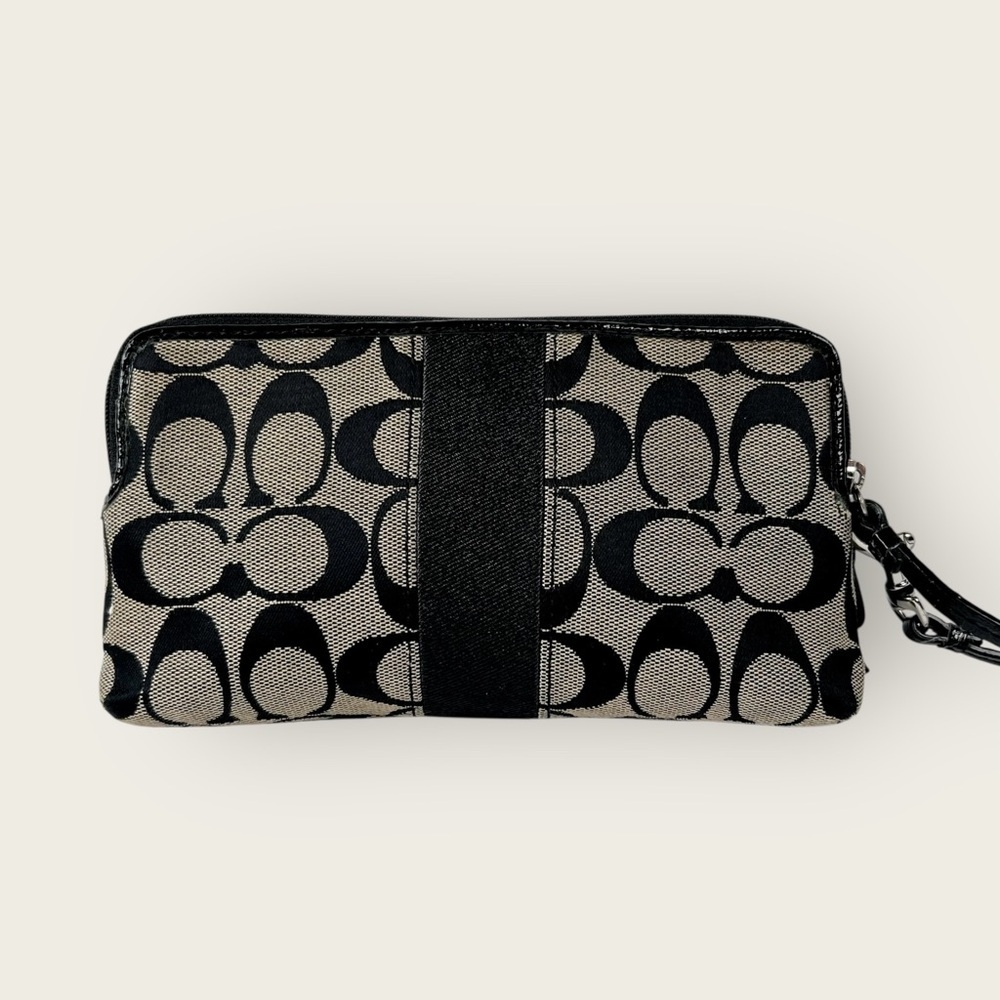 Coach Double Zip Large Signature Black and Tan Wristlet Clutch - Picture 3 of 9